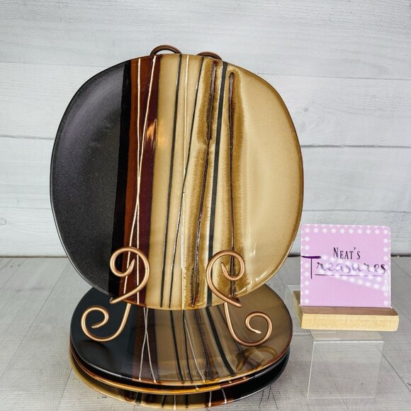 Home Trends BAZAAR BROWN Stoneware Square Tan Stripe 10 3/4" Dinner Plate Set 4 - Picture 1 of 16